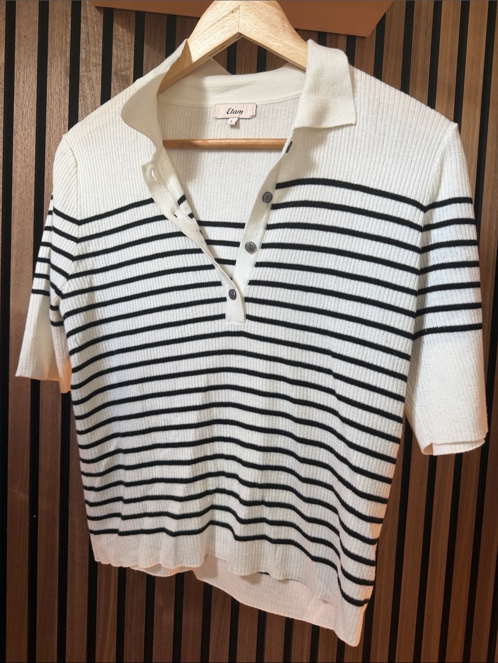 Etam Off White & Black Striped Polo Knit Top
